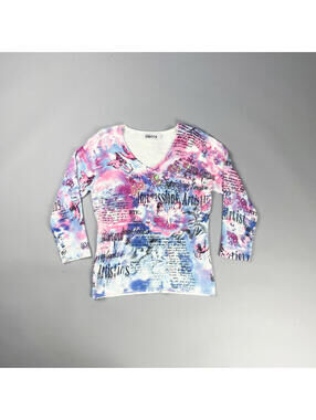 Y2K Women's Top | Long Sleeve V-Neck Top with Pink Blue Artistic Print
